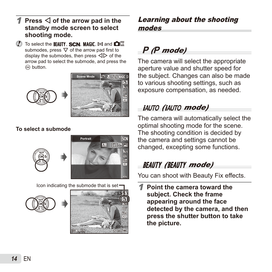 Learning about the shooting modes p ( p mode), M( m mode), Q( q mode) | 14 en, You can shoot with beauty fix effects | Olympus SZ17 User Manual | Page 14 / 86