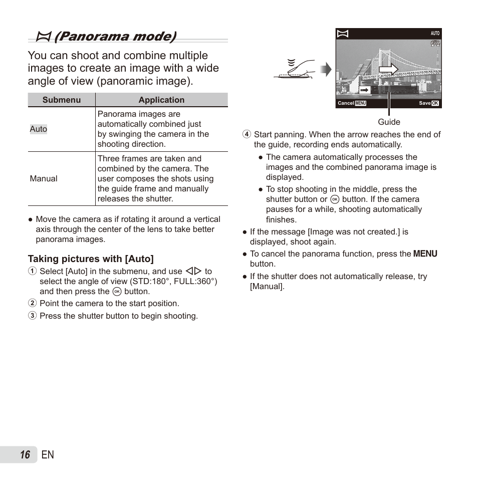 P(panorama mode), 16 en | Olympus SZ17 User Manual | Page 16 / 86