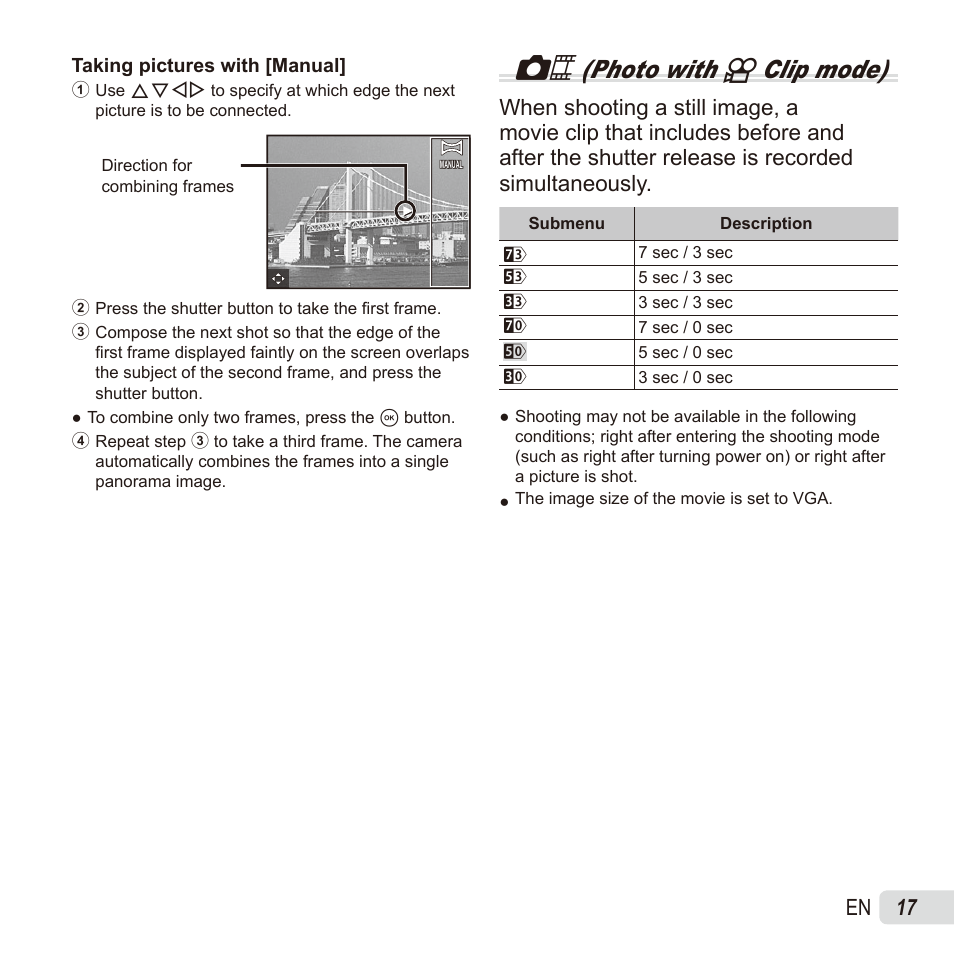 Photo with a clip mode), 17 en | Olympus SZ17 User Manual | Page 17 / 86