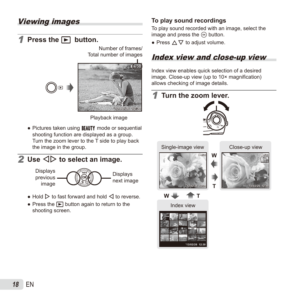 Playback, Viewing images, Index view and close-up view | 18 en, Press the q button, Use hi to select an image, Turn the zoom lever | Olympus SZ17 User Manual | Page 18 / 86