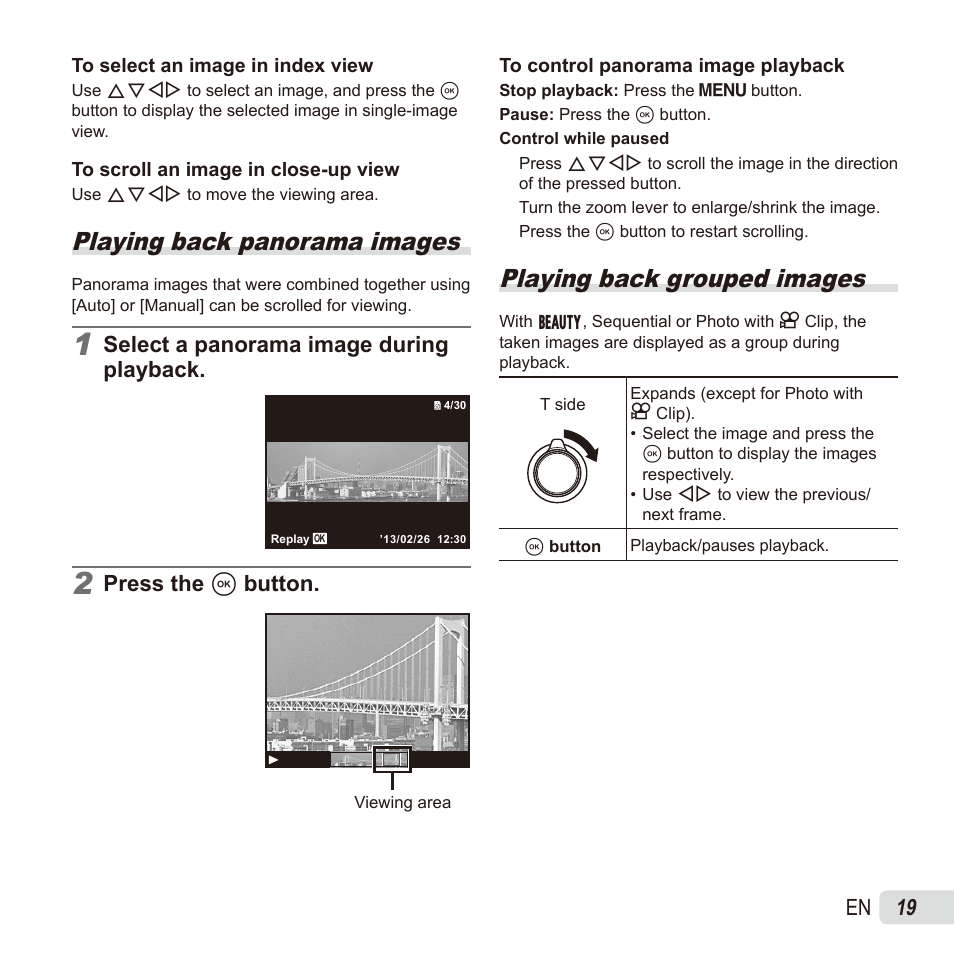 Playing back panorama images, Playing back grouped images, 19 en | Select a panorama image during playback, Press the a button | Olympus SZ17 User Manual | Page 19 / 86