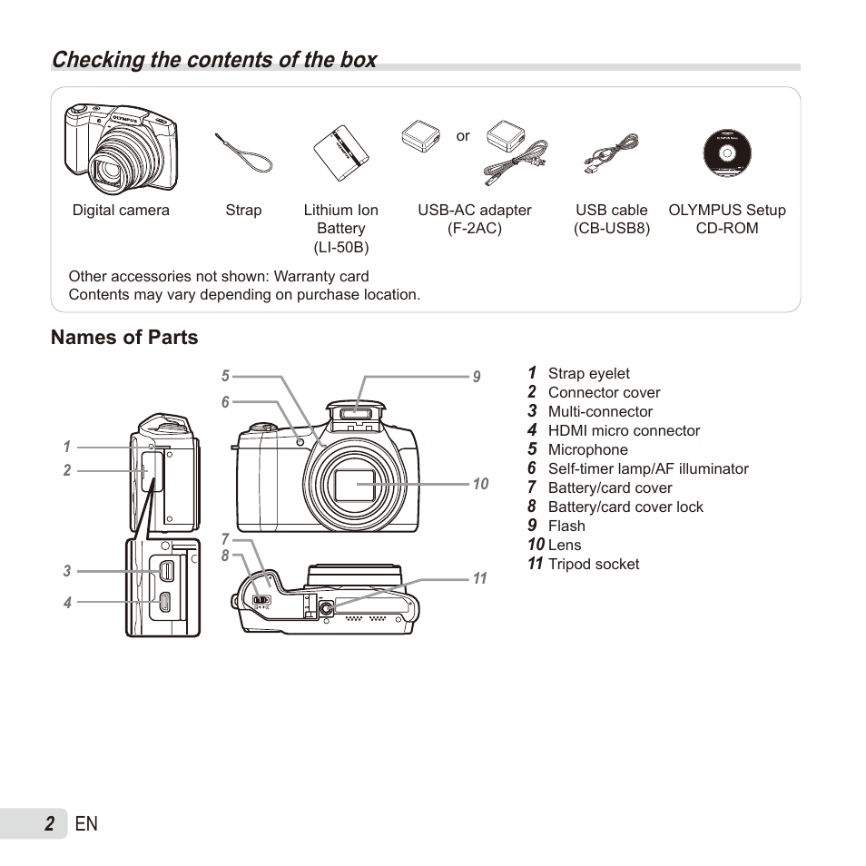 Preparing the camera, Checking the contents of the box, 2 en | Names of parts | Olympus SZ17 User Manual | Page 2 / 86