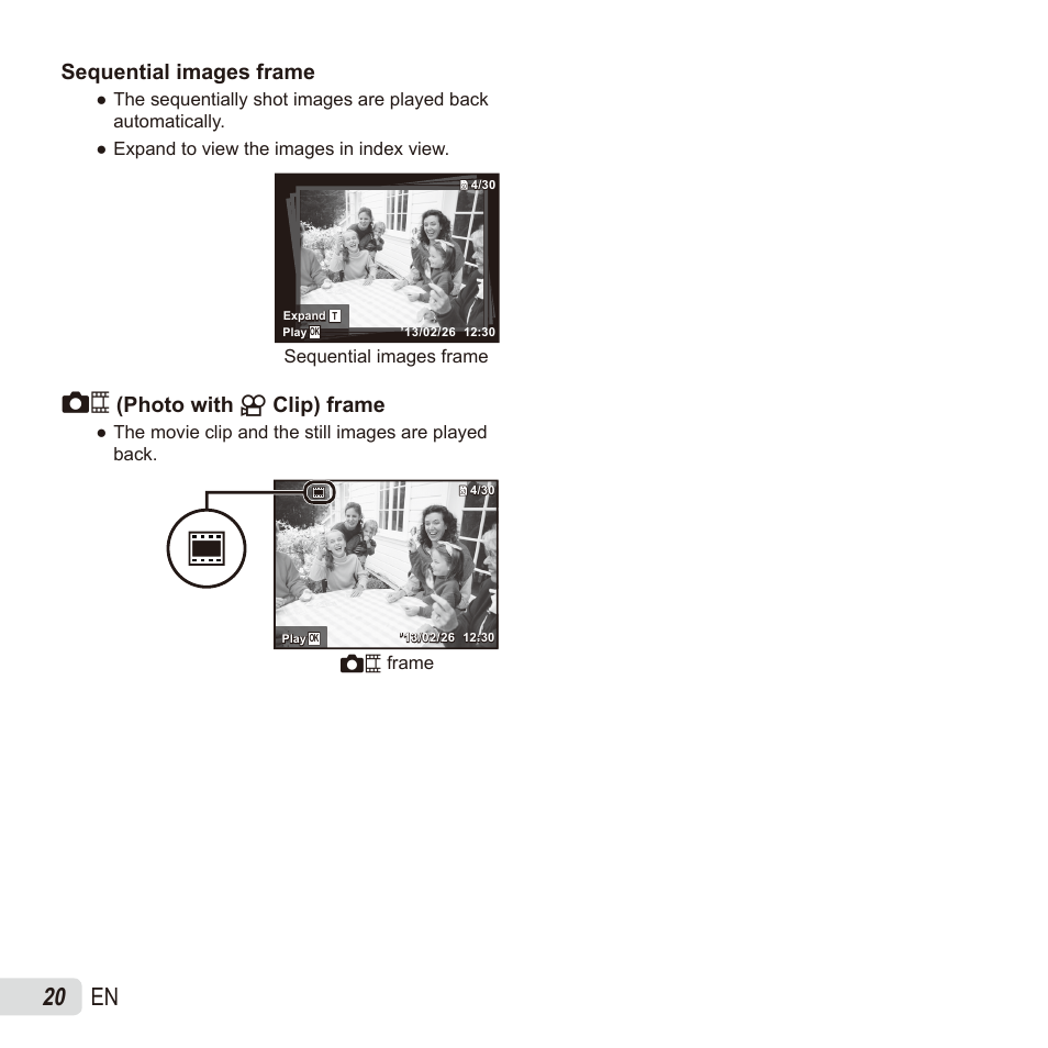 20 en, Sequential images frame, Photo with (photo with a a clip) frame clip) frame | Olympus SZ17 User Manual | Page 20 / 86