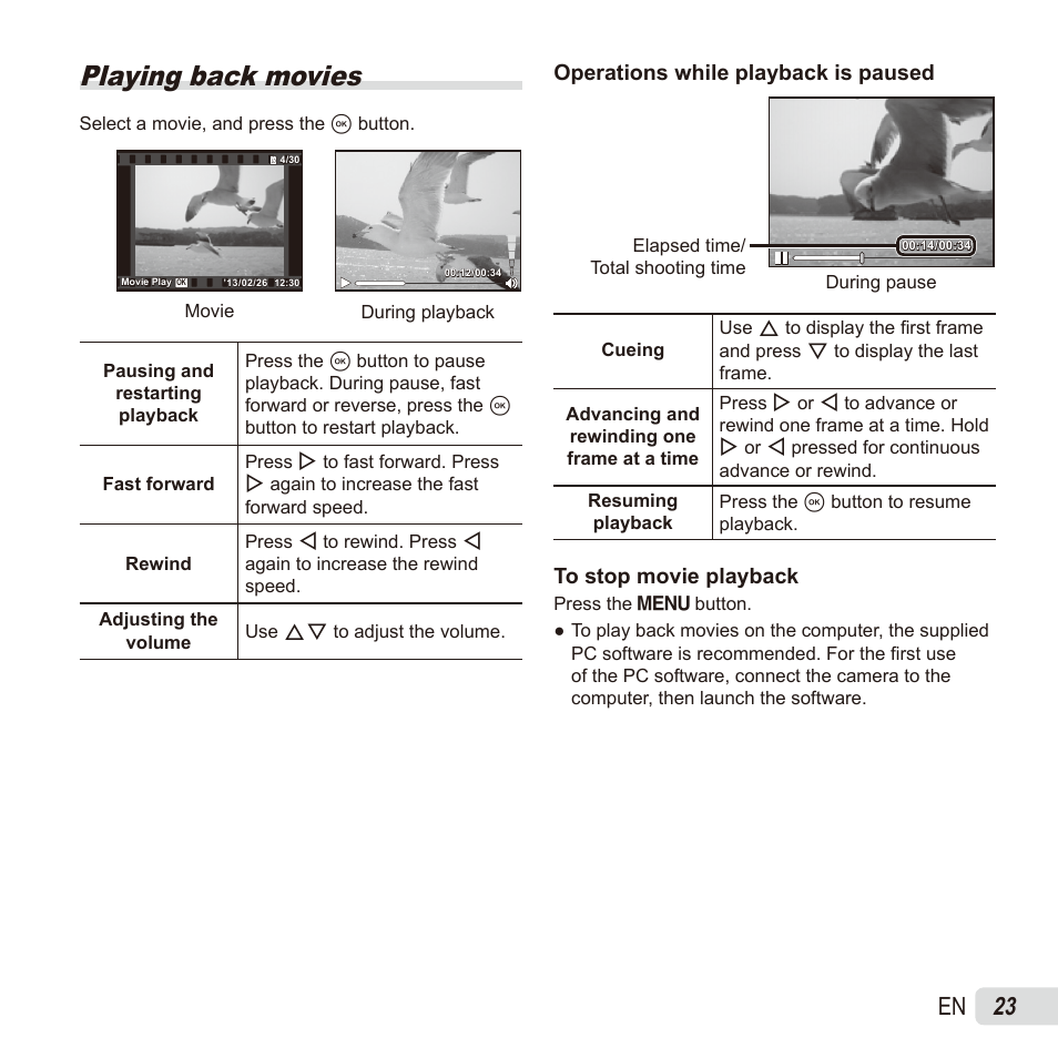 Playing back movies, 23 en, Operations while playback is paused | Olympus SZ17 User Manual | Page 23 / 86