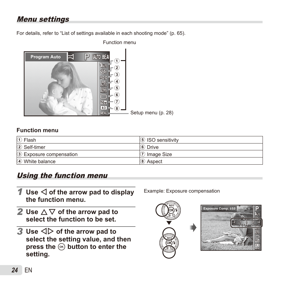 Menu settings, Using the function menu, 24 en | Function menu | Olympus SZ17 User Manual | Page 24 / 86
