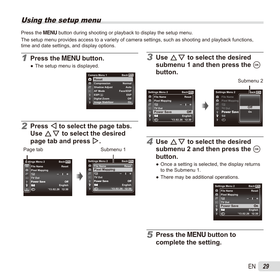 Using the setup menu, 29 en, Press the  button to complete the setting | Press the  button, Submenu 2, The setup menu is displayed, Page tab, Submenu 1 | Olympus SZ17 User Manual | Page 29 / 86