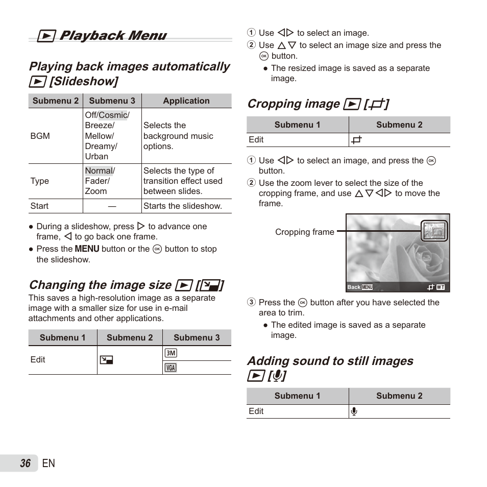 Q playback menu, Playing back images automatically, Changing the image size | Changing the image size q q [ [ q q, Cropping image, Cropping image q q [ [ p p, Adding sound to still images, Adding sound to still images q q [ [ r r, 36 en | Olympus SZ17 User Manual | Page 36 / 86
