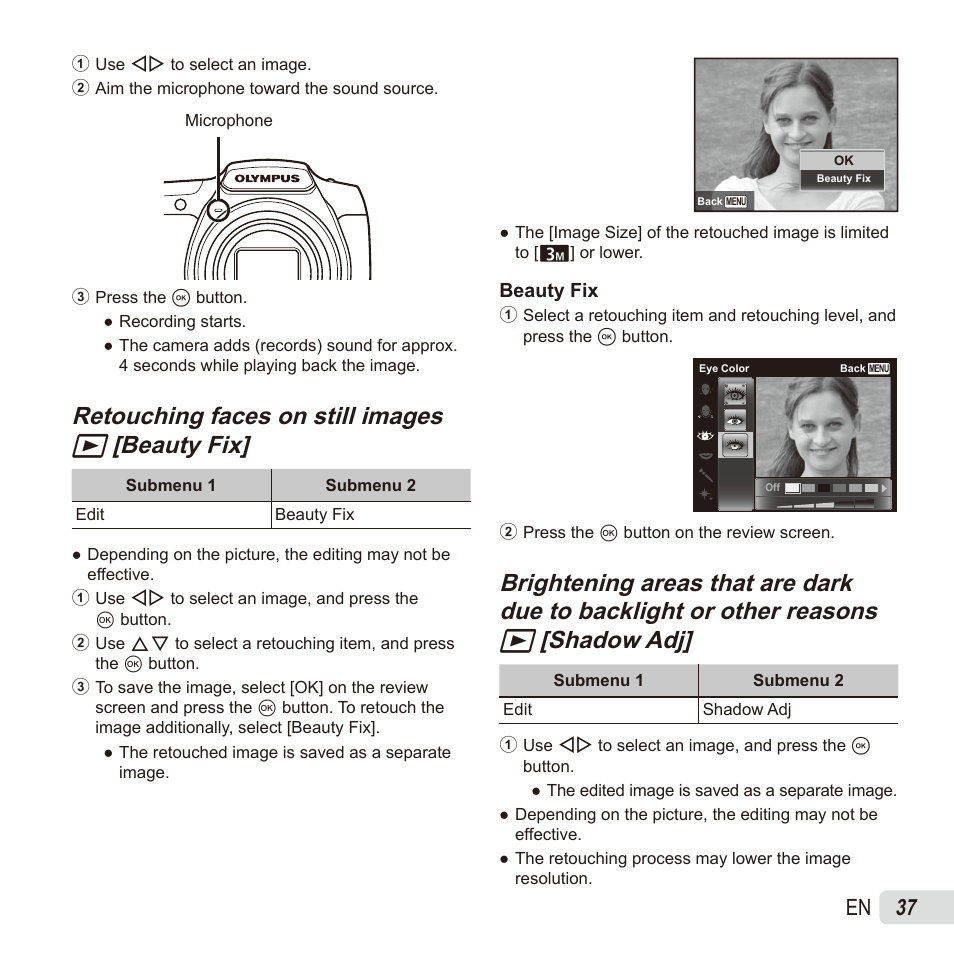 Retouching faces on still images, 37 en | Olympus SZ17 User Manual | Page 37 / 86