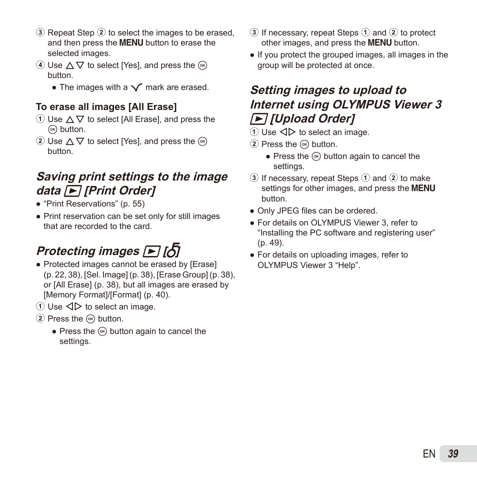 Protecting images, Protecting images q q [ [ r r, 39 en | Olympus SZ17 User Manual | Page 39 / 86