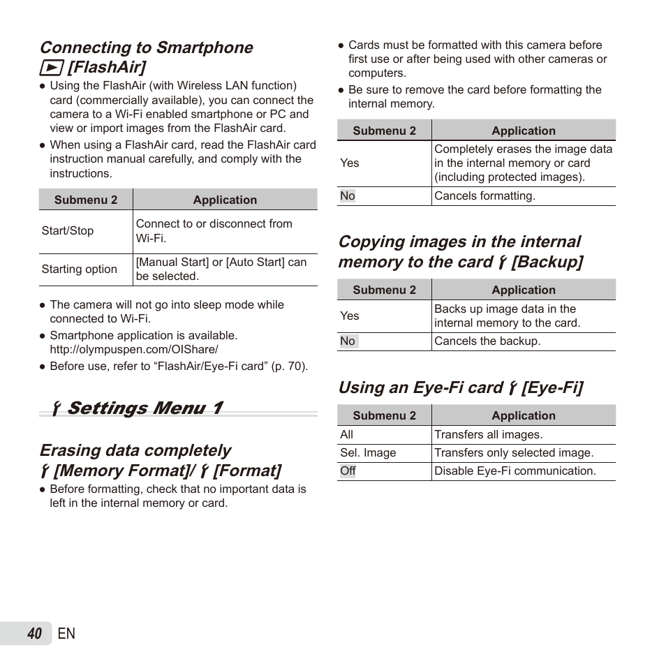 Dsettings menu 1, Connecting to smartphone, Connecting to smartphone q q [flashair] [flashair | Erasing data completely, Using an eye-fi card, Using an eye-fi card dd [eye-fi] [eye-fi | Olympus SZ17 User Manual | Page 40 / 86