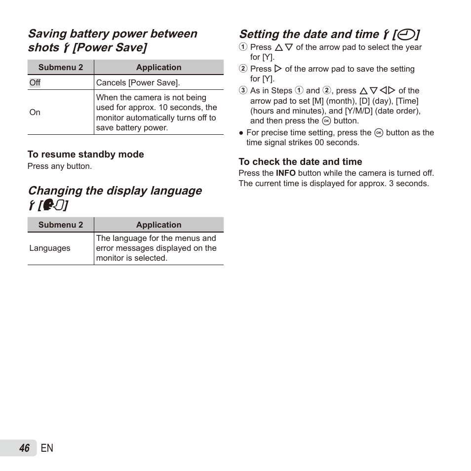 Changing the display language, Changing the display language dd [ [ l l, Setting the date and time | Setting the date and time dd [ [ x x | Olympus SZ17 User Manual | Page 46 / 86