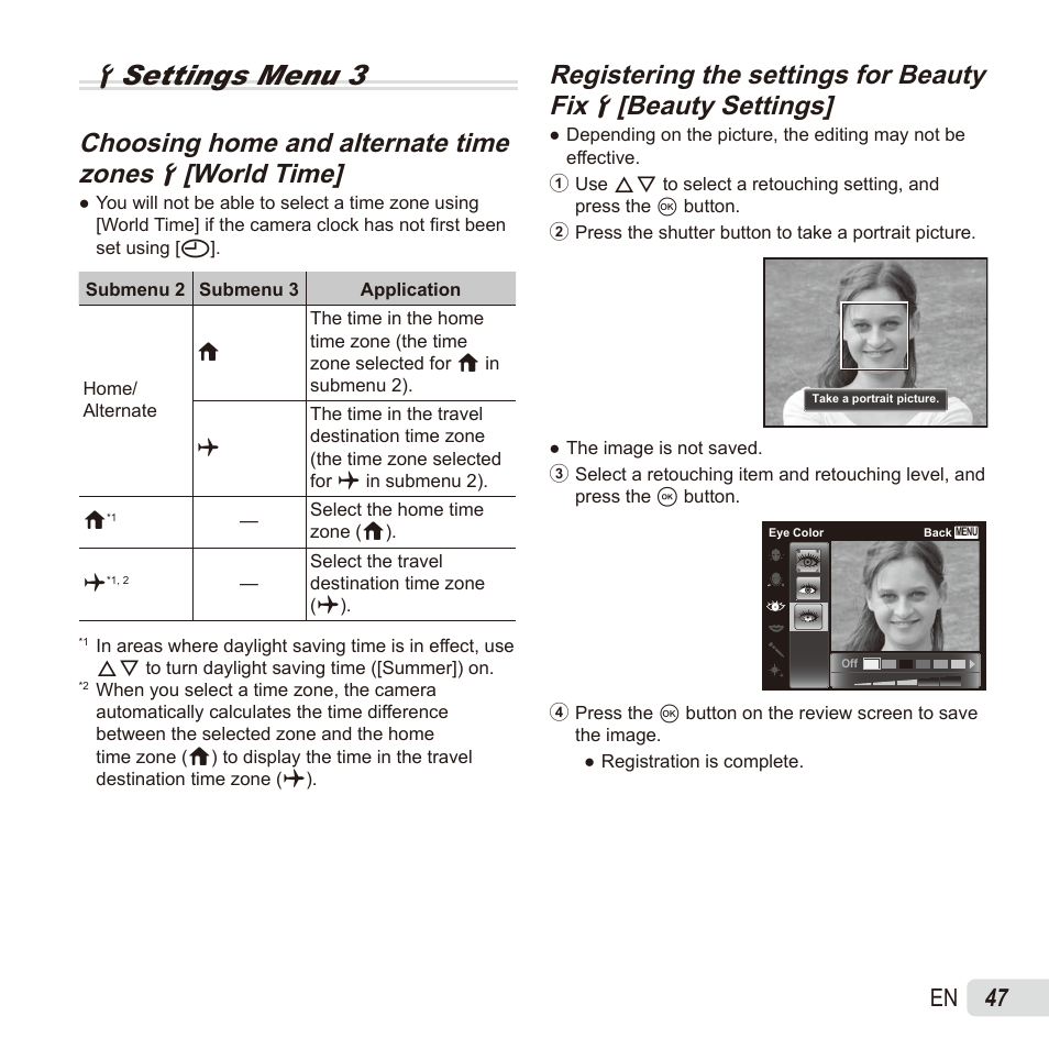 Dsettings menu 3, 47 en | Olympus SZ17 User Manual | Page 47 / 86