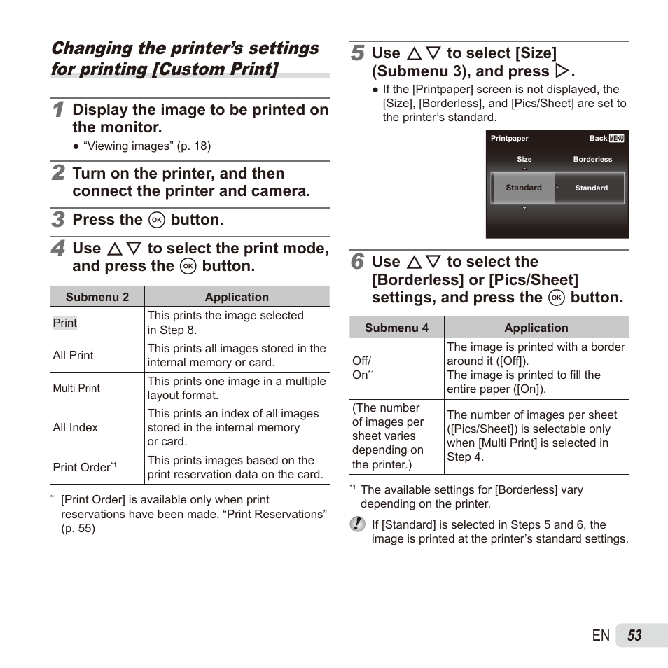 53 en, Display the image to be printed on the monitor, Press the a button | Use fg to select [size] (submenu 3), and press i | Olympus SZ17 User Manual | Page 53 / 86