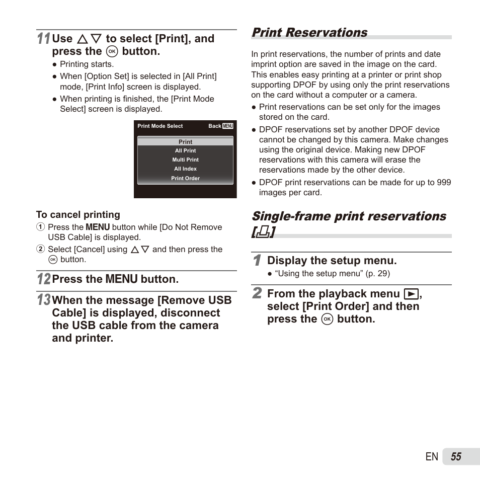 Print reservations, Single-frame print reservations, 55 en | Use fg to select [print], and press the a button, Press the  button, Display the setup menu | Olympus SZ17 User Manual | Page 55 / 86
