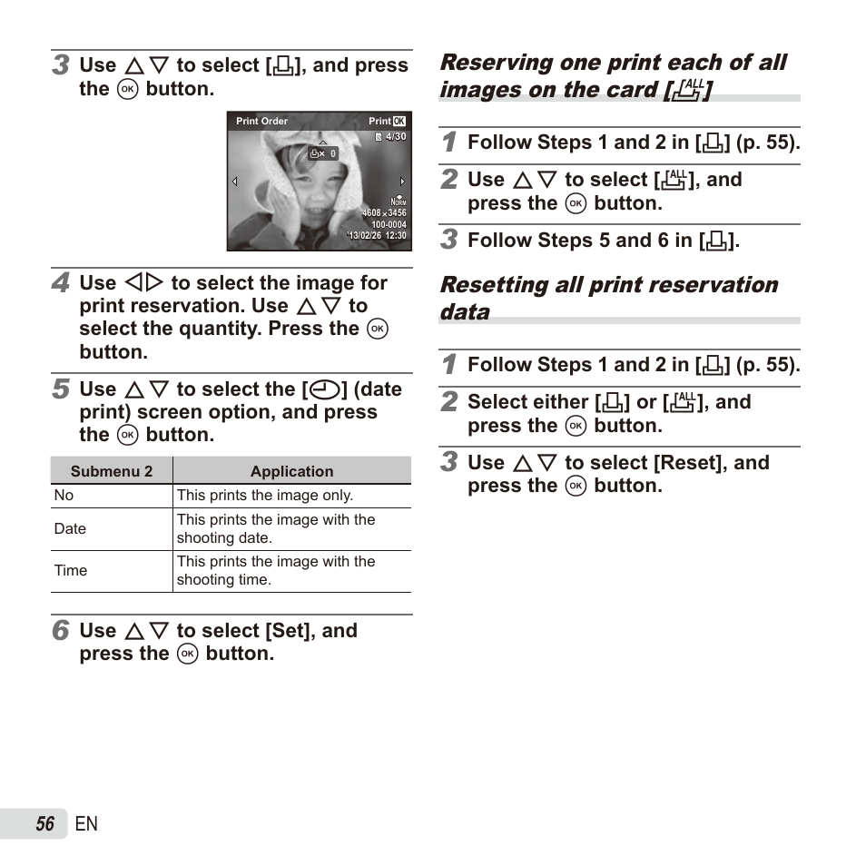 Resetting all print reservation data | Olympus SZ17 User Manual | Page 56 / 86