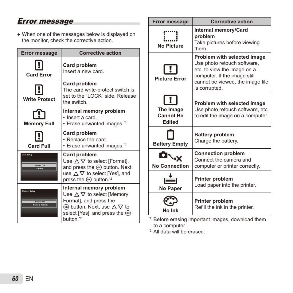 Error message, 60 en | Olympus SZ17 User Manual | Page 60 / 86