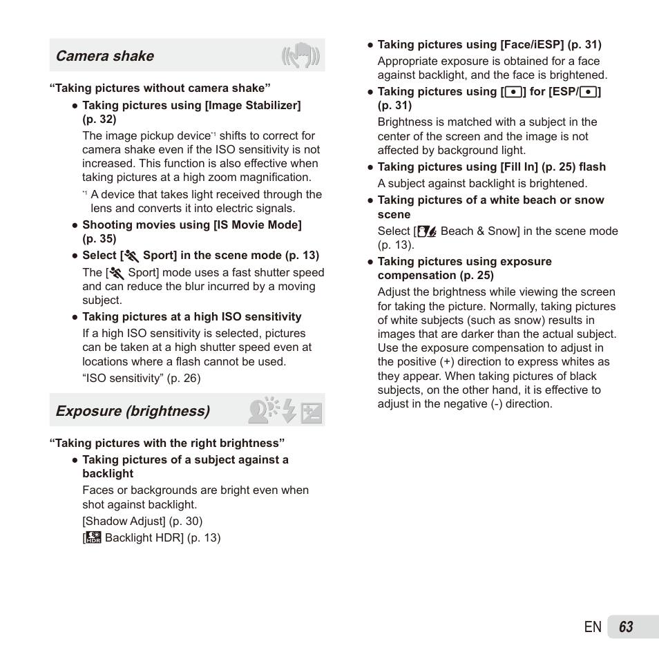 63 en, Camera shake, Exposure (brightness) | Olympus SZ17 User Manual | Page 63 / 86