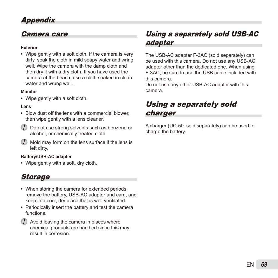 Appendix, Appendix camera care, Storage | Using a separately sold usb-ac adapter, Using a separately sold charger, 69 en | Olympus SZ17 User Manual | Page 69 / 86