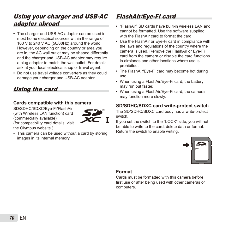 Using your charger and usb-ac adapter abroad, Using the card, Flashair/eye-fi card | 70 en | Olympus SZ17 User Manual | Page 70 / 86