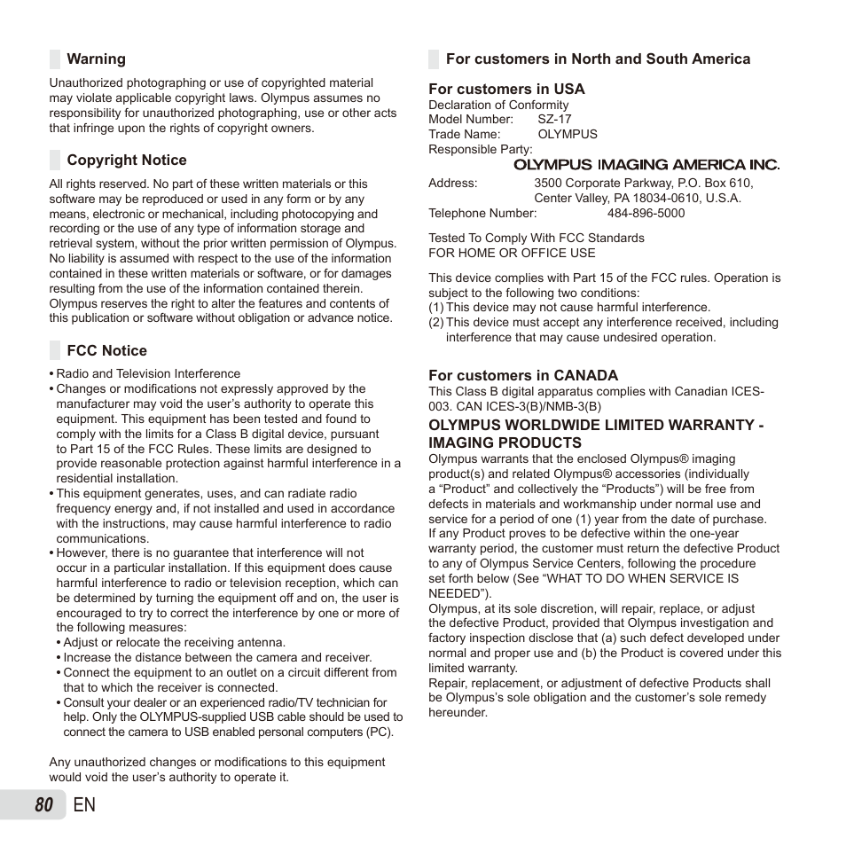 80 en | Olympus SZ17 User Manual | Page 80 / 86