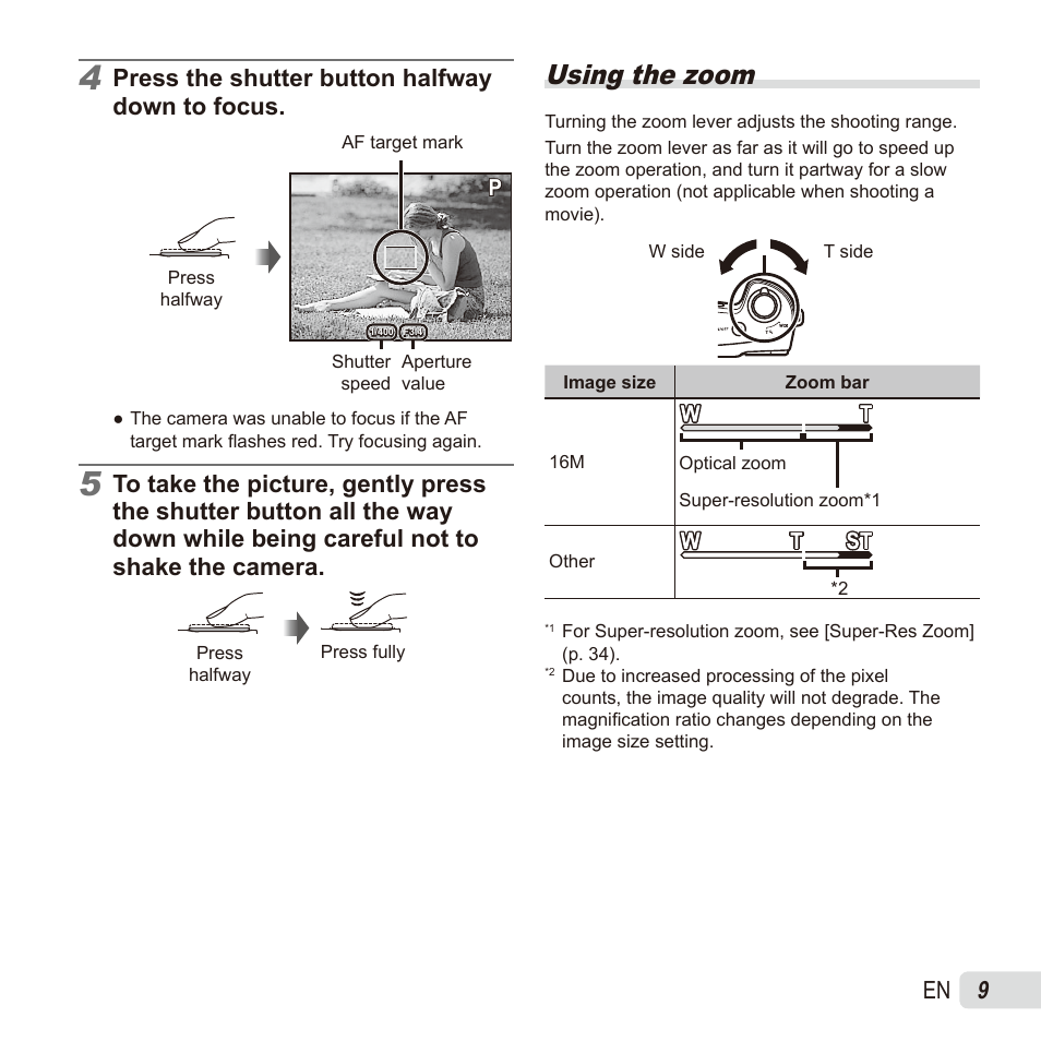 Using the zoom, Press the shutter button halfway down to focus | Olympus SZ17 User Manual | Page 9 / 86