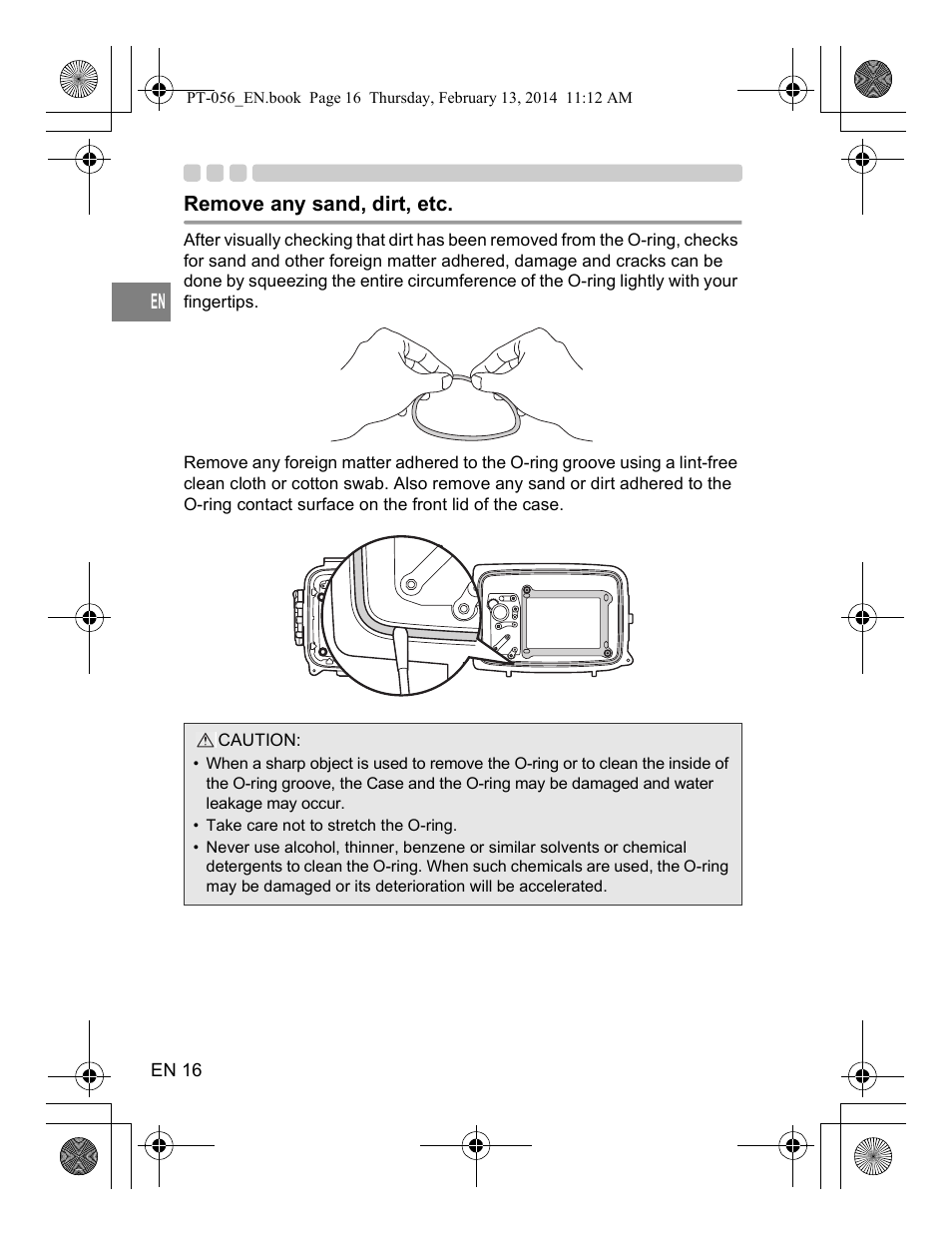 Remove any sand, dirt, etc | Olympus PT056 User Manual | Page 16 / 30