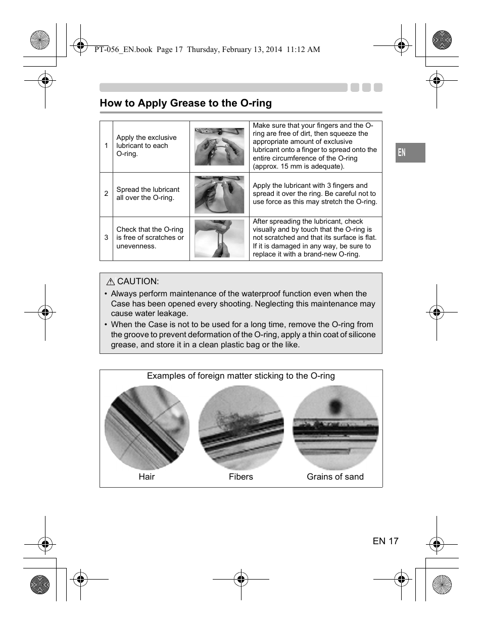 How to apply grease to the o-ring | Olympus PT056 User Manual | Page 17 / 30