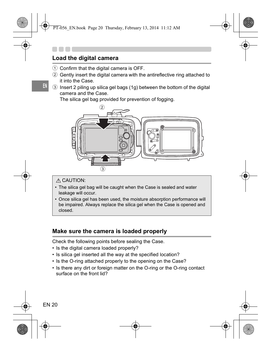 Load the digital camera, Make sure the camera is loaded properly | Olympus PT056 User Manual | Page 20 / 30