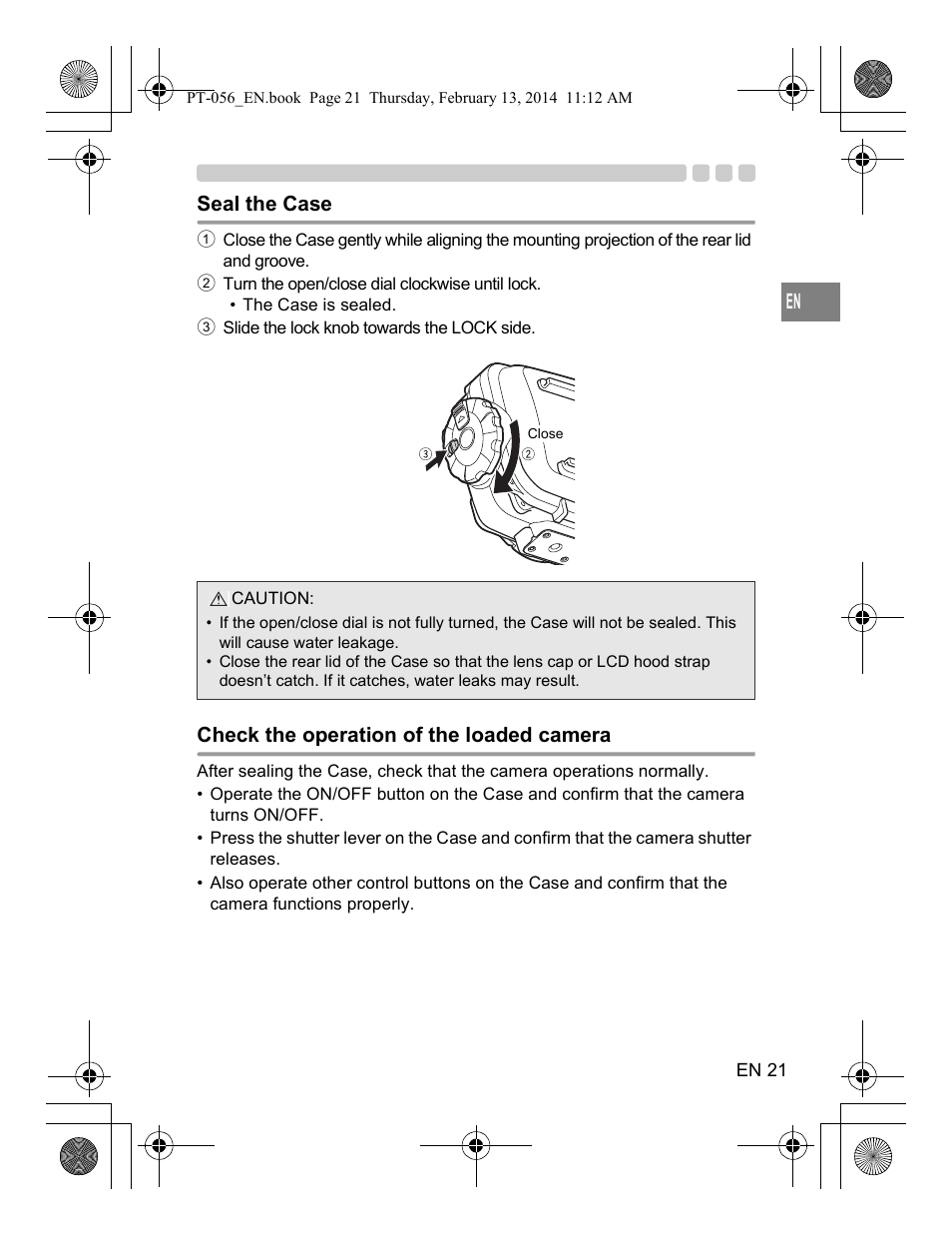 Seal the case, Check the operation of the loaded camera | Olympus PT056 User Manual | Page 21 / 30