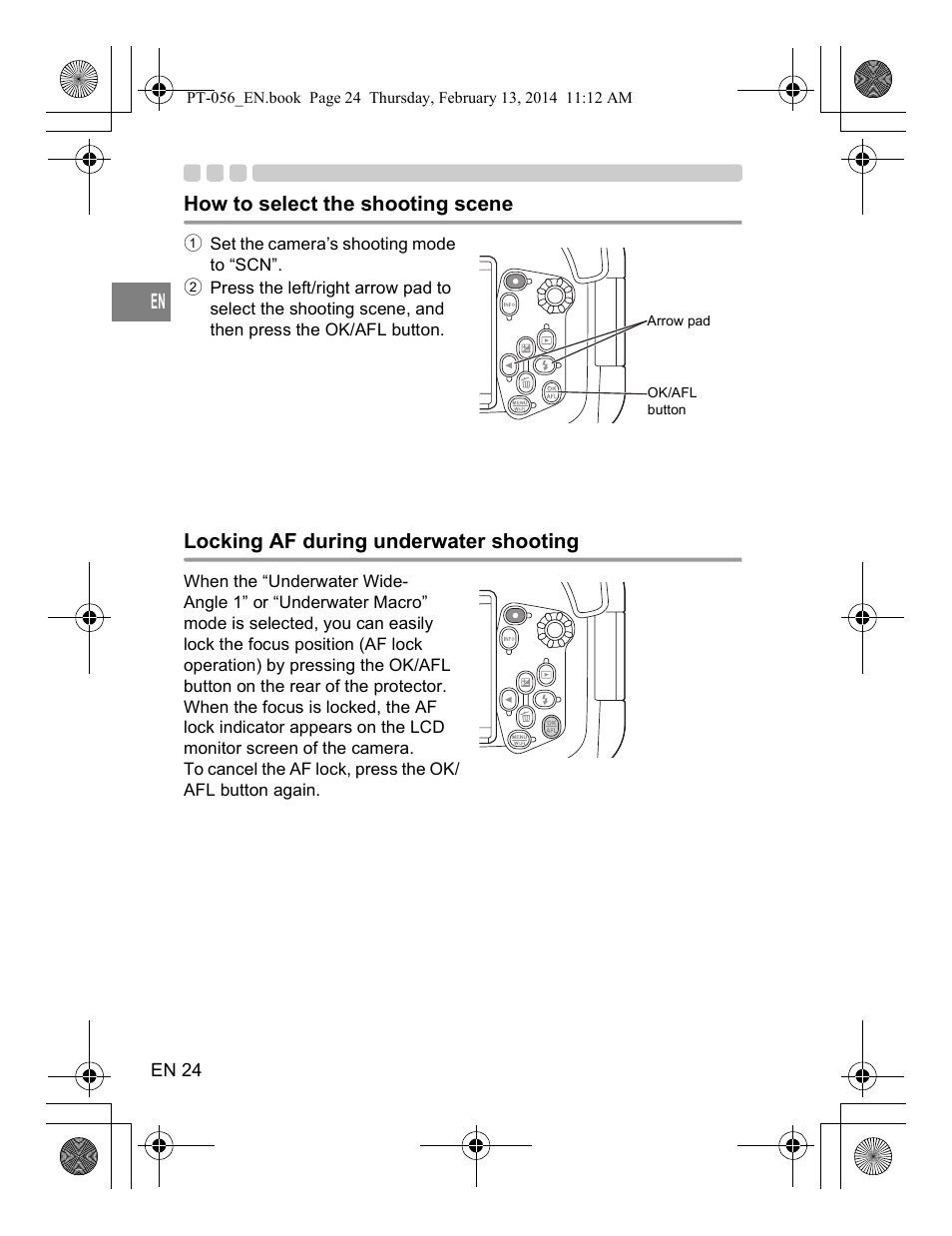 How to select the shooting scene, Locking af during underwater shooting | Olympus PT056 User Manual | Page 24 / 30