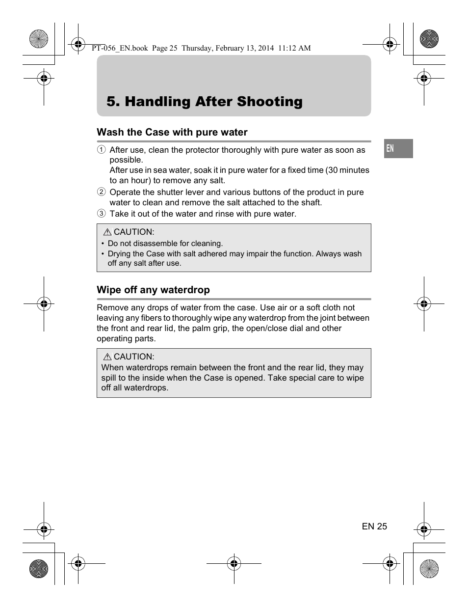 Handling after shooting, Wash the case with pure water, Wipe off any waterdrop | Olympus PT056 User Manual | Page 25 / 30