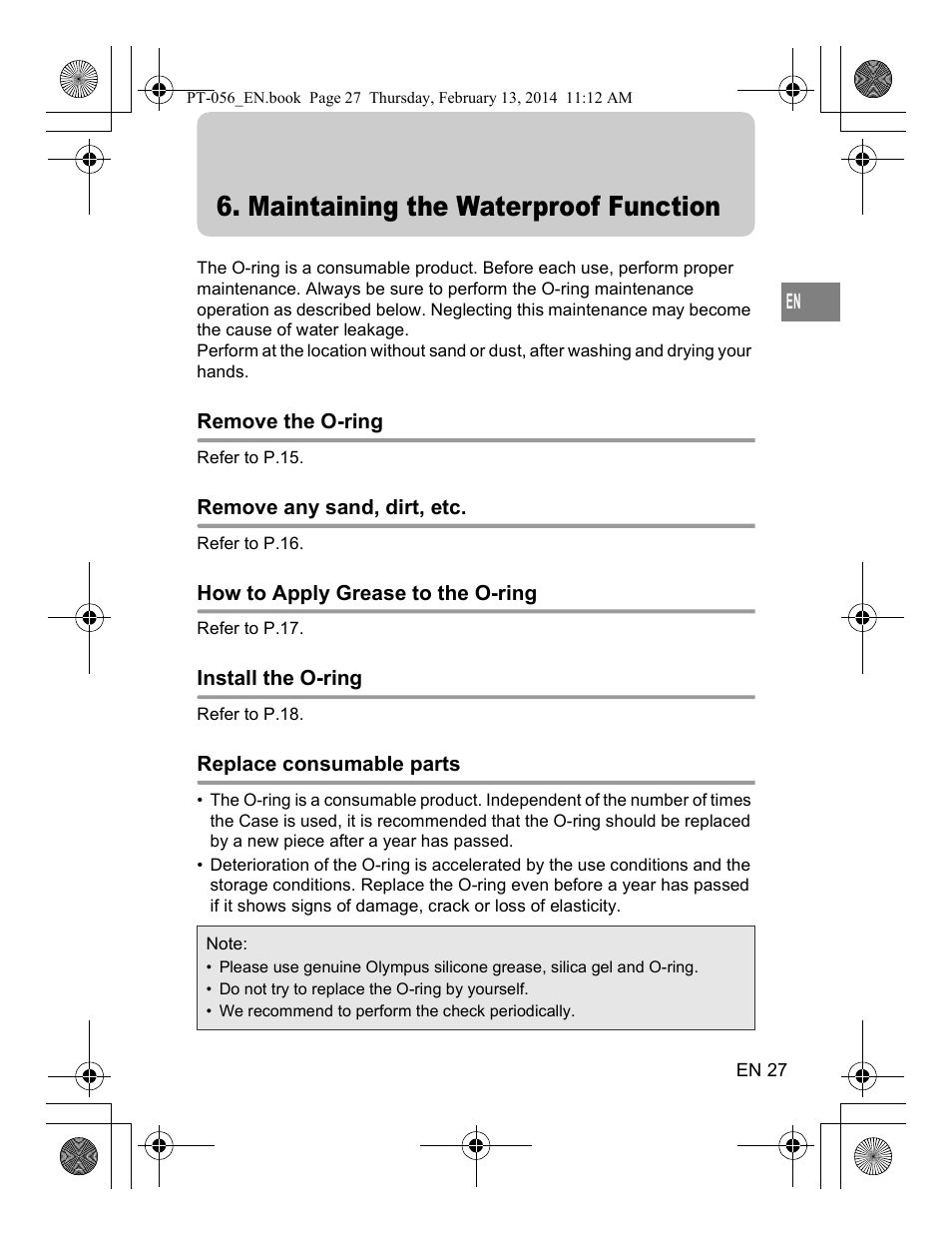 Maintaining the waterproof function, Remove the o-ring, Remove any sand, dirt, etc | How to apply grease to the o-ring, Install the o-ring, Replace consumable parts | Olympus PT056 User Manual | Page 27 / 30