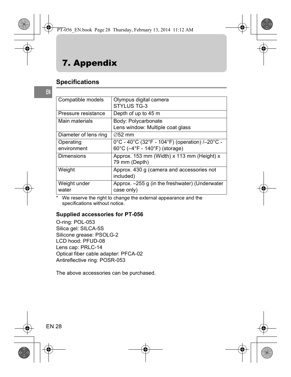 Appendix, Specifications | Olympus PT056 User Manual | Page 28 / 30