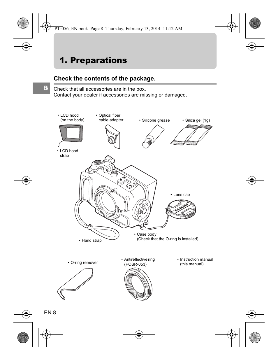 Preparations, Check the contents of the package | Olympus PT056 User Manual | Page 8 / 30