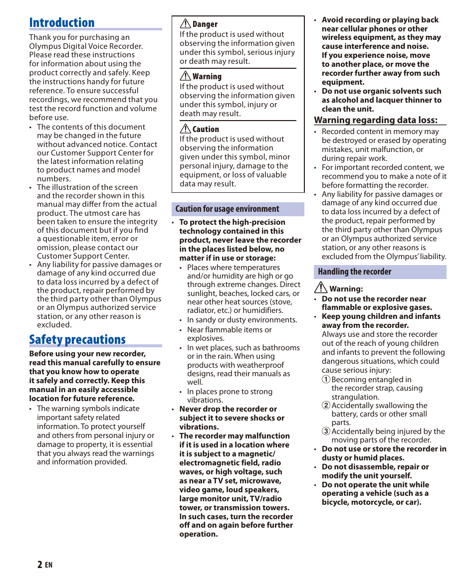 Introduction, Safety precautions | Olympus VN-7600 User Manual | Page 2 / 10