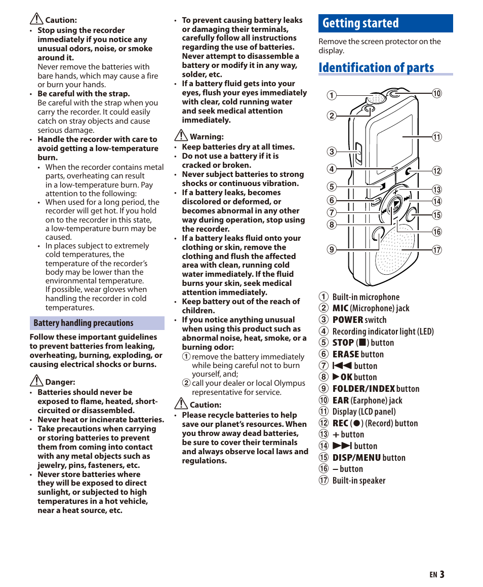 Getting started, Identification of parts | Olympus VN-7600 User Manual | Page 3 / 10