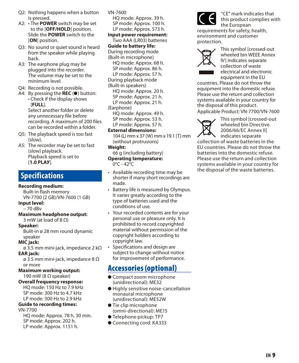 Specifications, Accessories (optional) | Olympus VN-7600 User Manual | Page 9 / 10