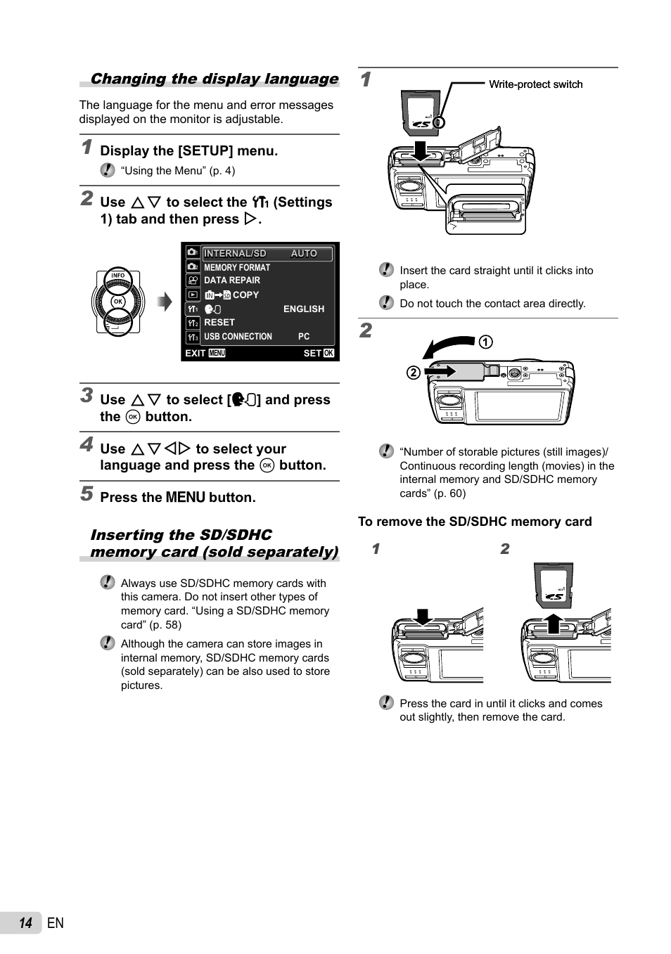 14 en changing the display language | Olympus µ-7030 User Manual | Page 14 / 73