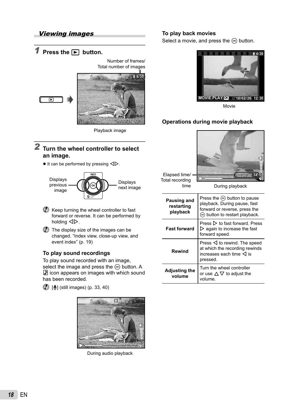 18 en, Viewing images, Press the q button | Turn the wheel controller to select an image | Olympus µ-7030 User Manual | Page 18 / 73