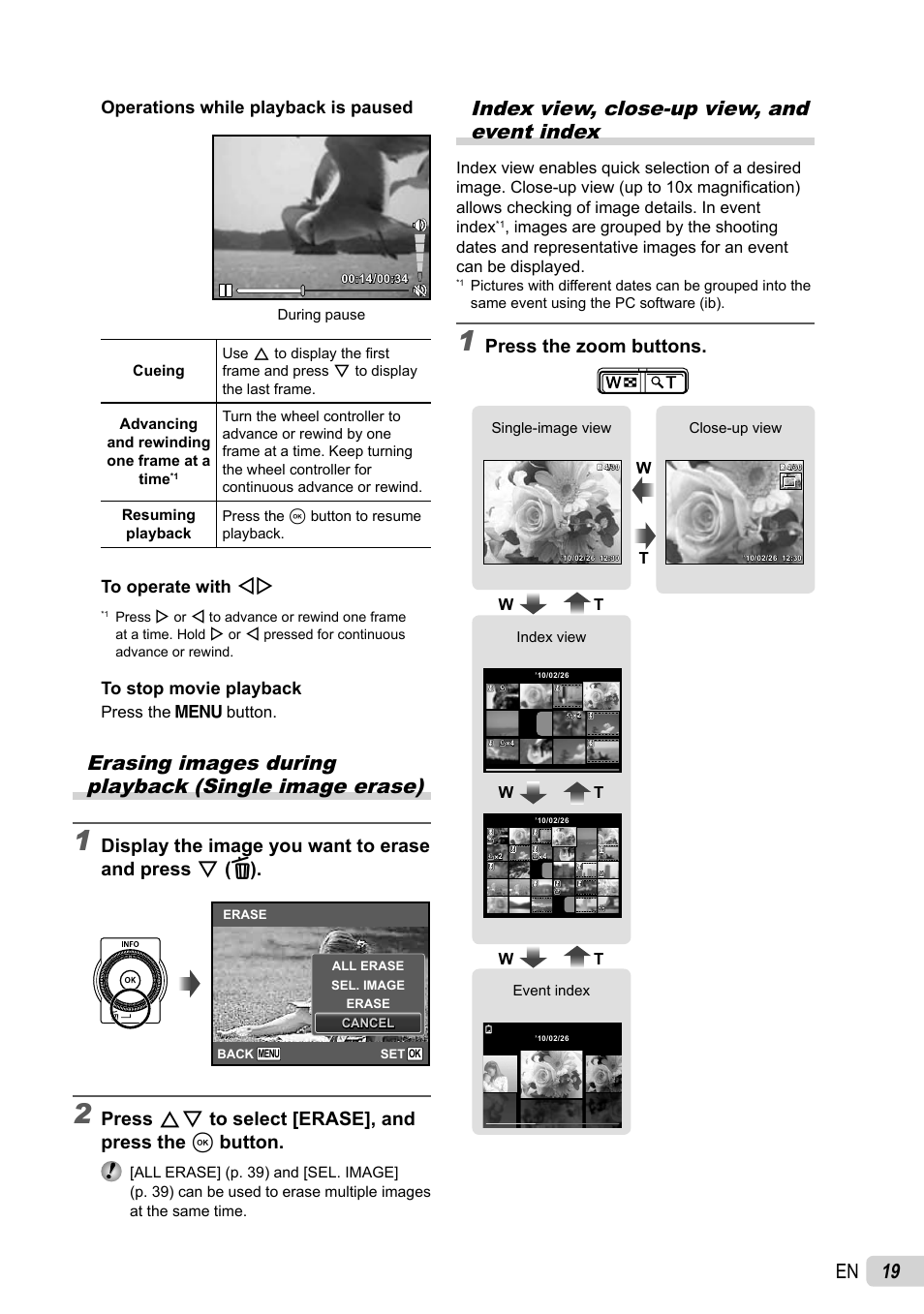 19 en, Index view, close-up view, and event index, Press fg to select [erase], and press the a button | Press the zoom buttons, Operations while playback is paused | Olympus µ-7030 User Manual | Page 19 / 73