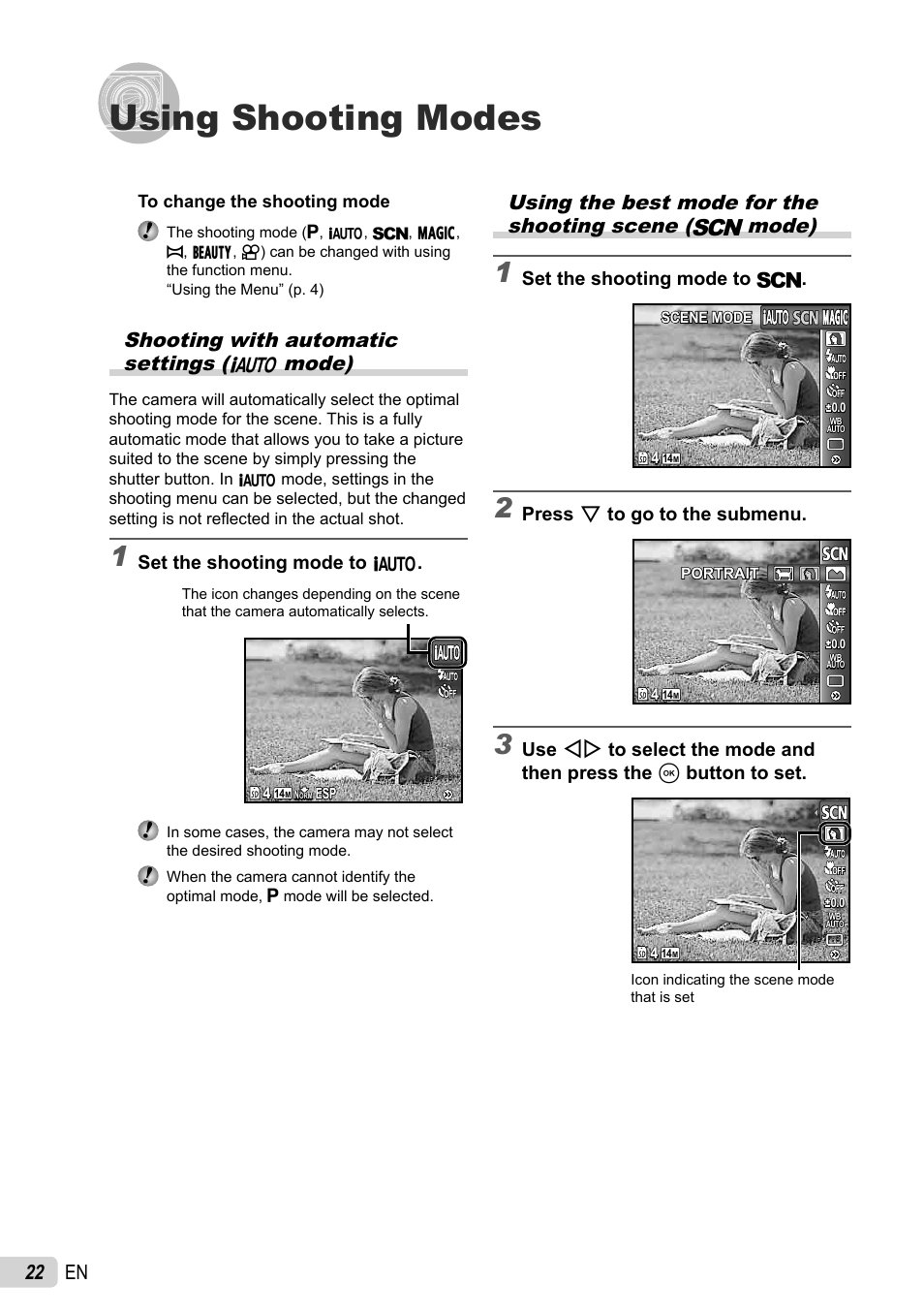 Using shooting modes, 22 en, Shooting with automatic settings (m mode) | Set the shooting mode to s, Press g to go to the submenu, Set the shooting mode to m | Olympus µ-7030 User Manual | Page 22 / 73