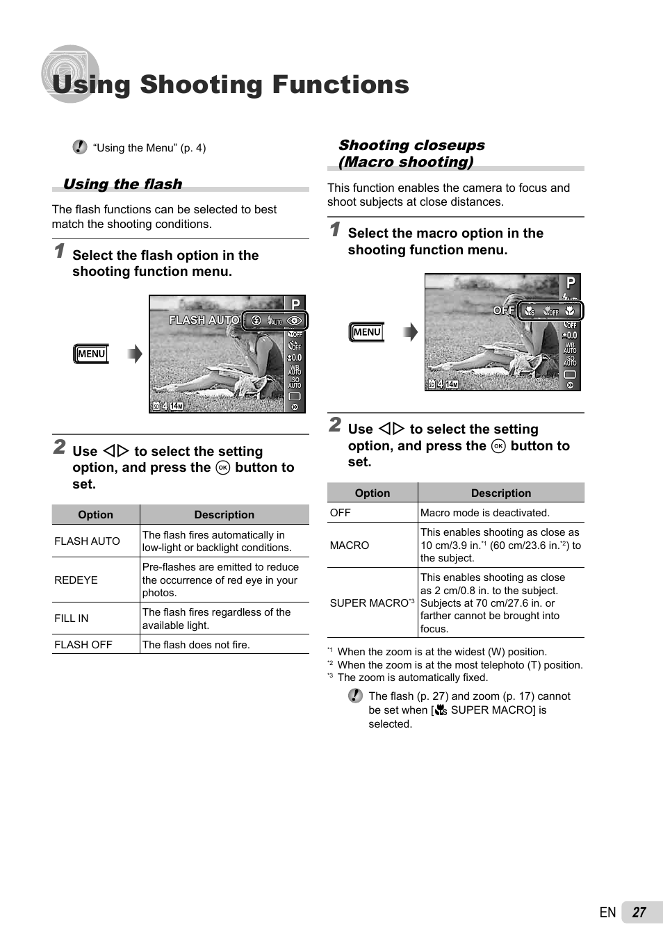 Using shooting functions, 27 en, Shooting closeups (macro shooting) | Using the fl ash | Olympus µ-7030 User Manual | Page 27 / 73