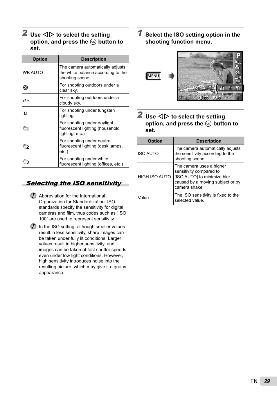 29 en, Selecting the iso sensitivity | Olympus µ-7030 User Manual | Page 29 / 73