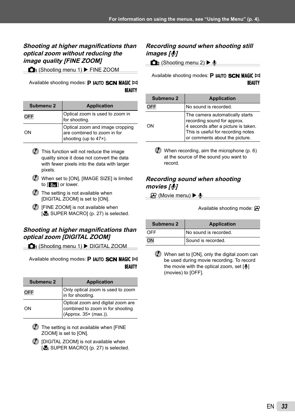 33 en, Recording sound when shooting still images [ r, Recording sound when shooting movies [ r | Olympus µ-7030 User Manual | Page 33 / 73