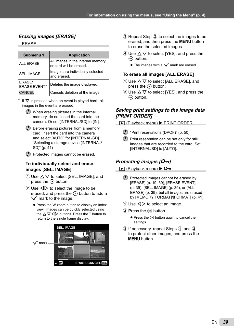 39 en, Erasing images [erase, Protecting images [ 0 | Olympus µ-7030 User Manual | Page 39 / 73