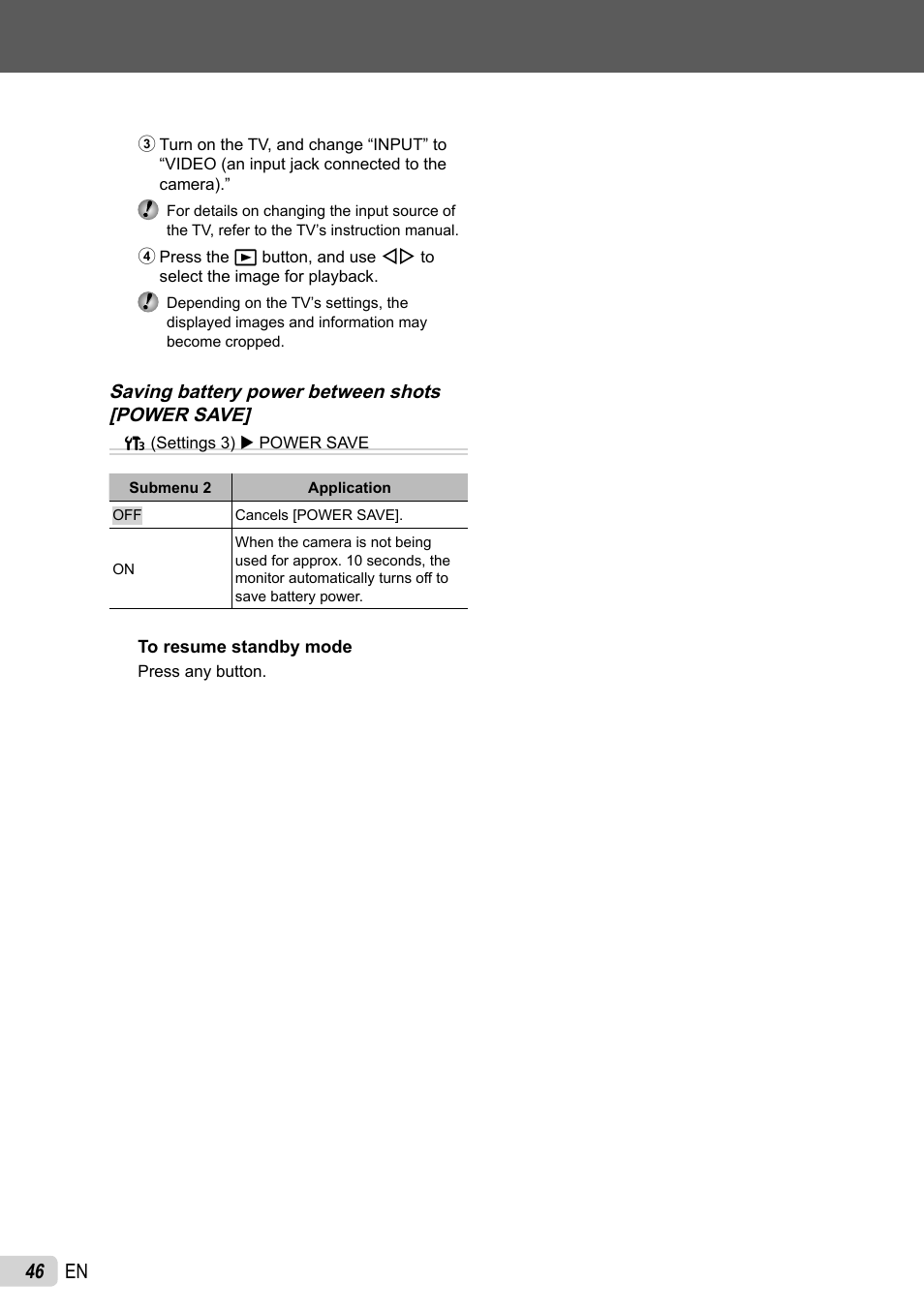 46 en, Saving battery power between shots [power save | Olympus µ-7030 User Manual | Page 46 / 73