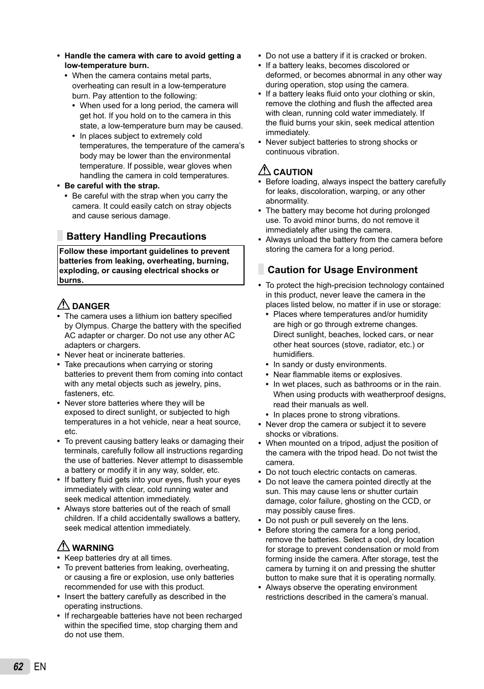 62 en, Battery handling precautions, Caution for usage environment | Olympus µ-7030 User Manual | Page 62 / 73