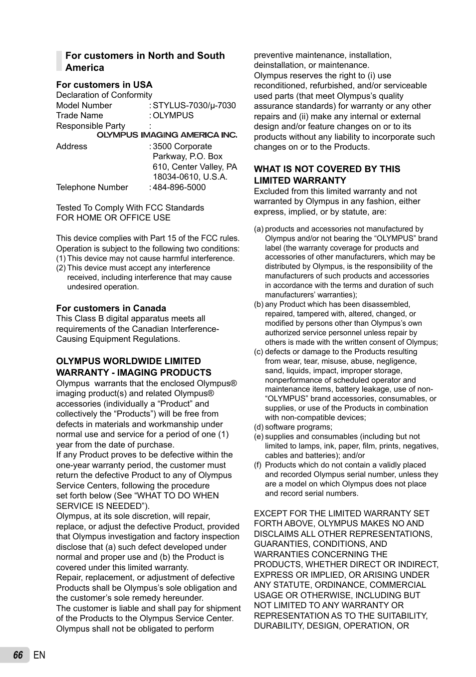66 en | Olympus µ-7030 User Manual | Page 66 / 73