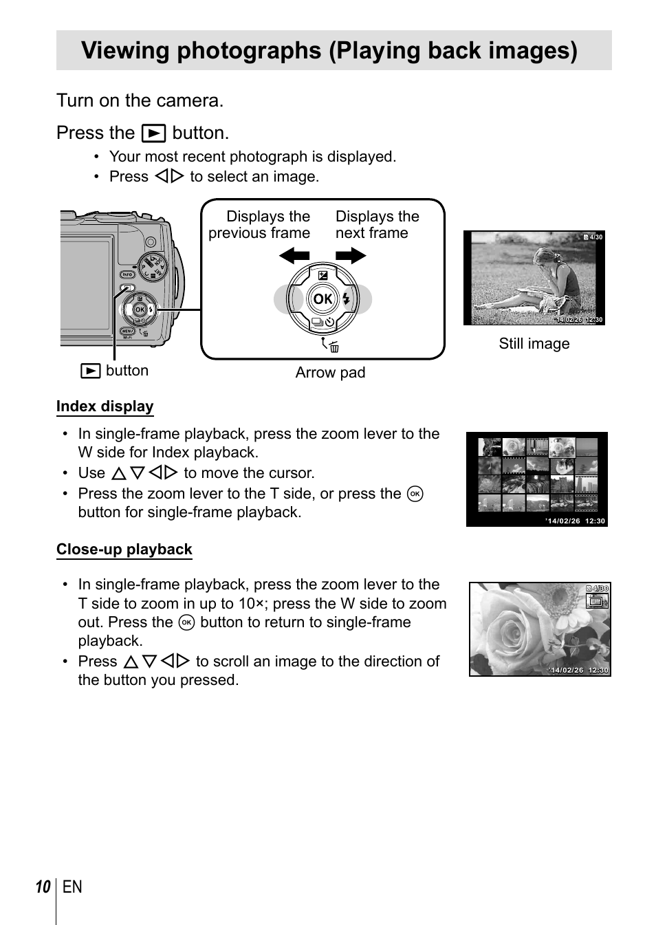 Viewing photographs (playing back images), Turn on the camera. press the q button, 10 en | Olympus TG3 User Manual | Page 10 / 118
