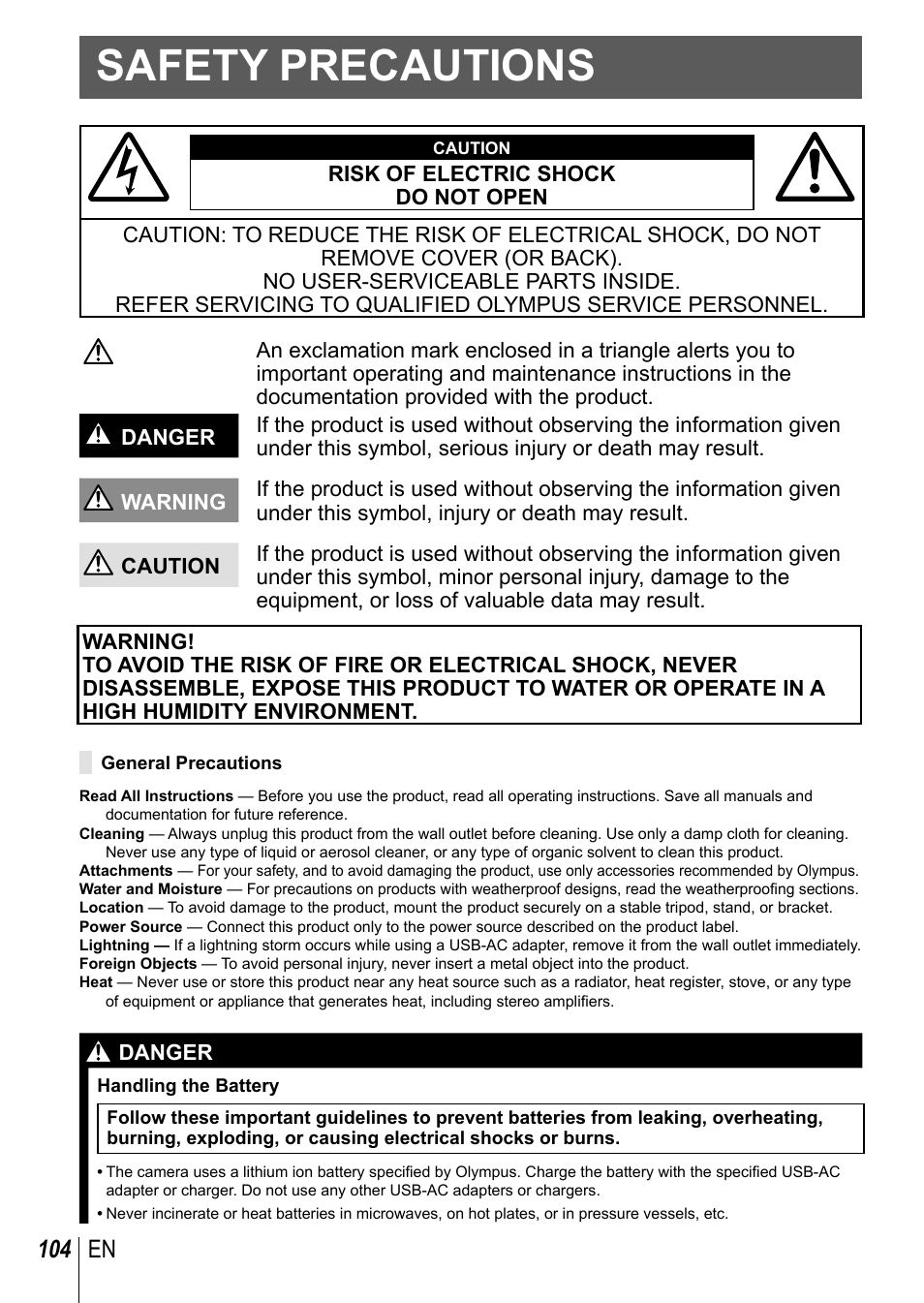 Safety precautions, 104 en | Olympus TG3 User Manual | Page 104 / 118